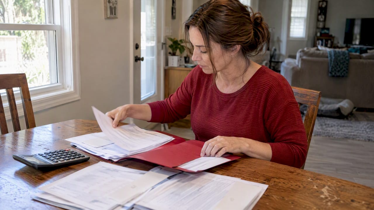 Woman organizing divorce financial records at home