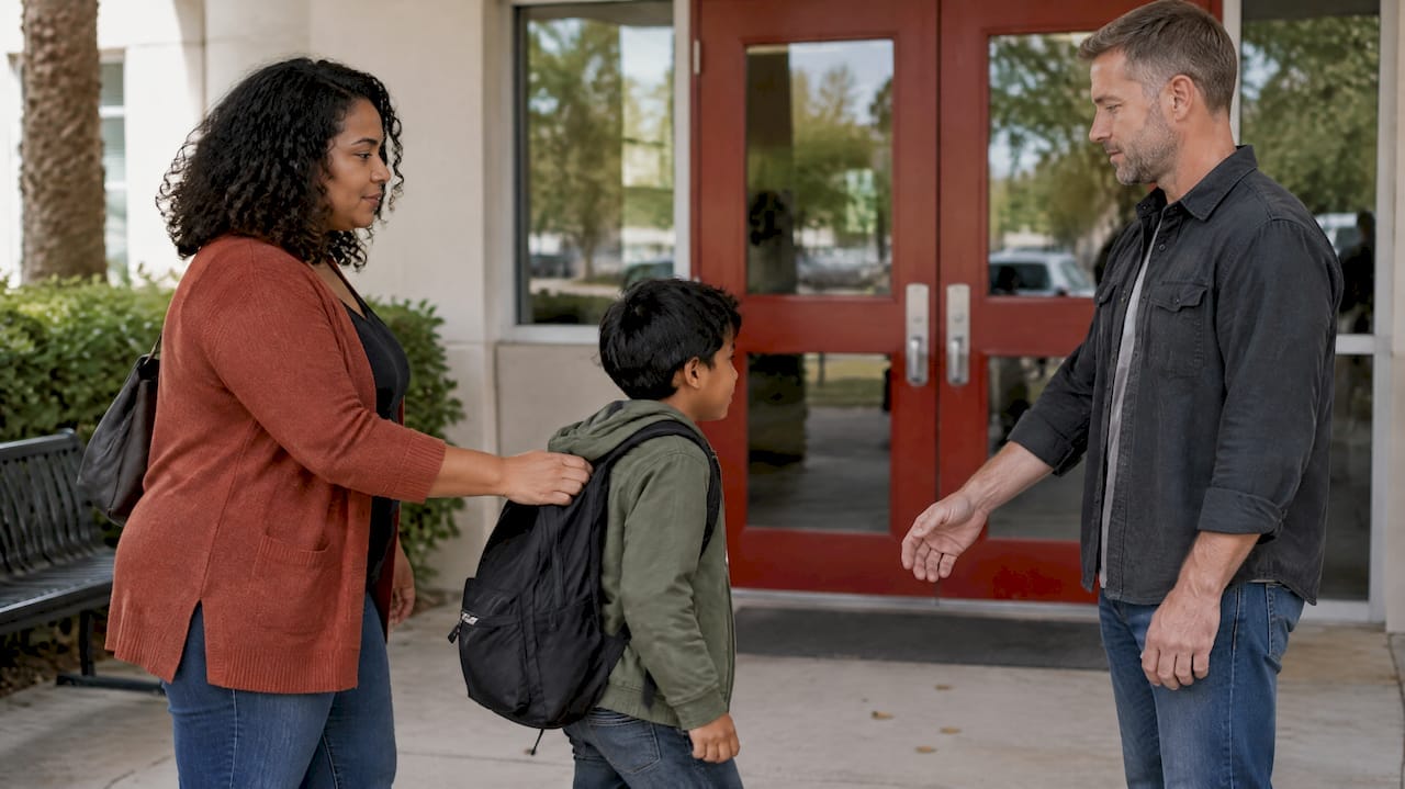 Parents completing a calm child handoff