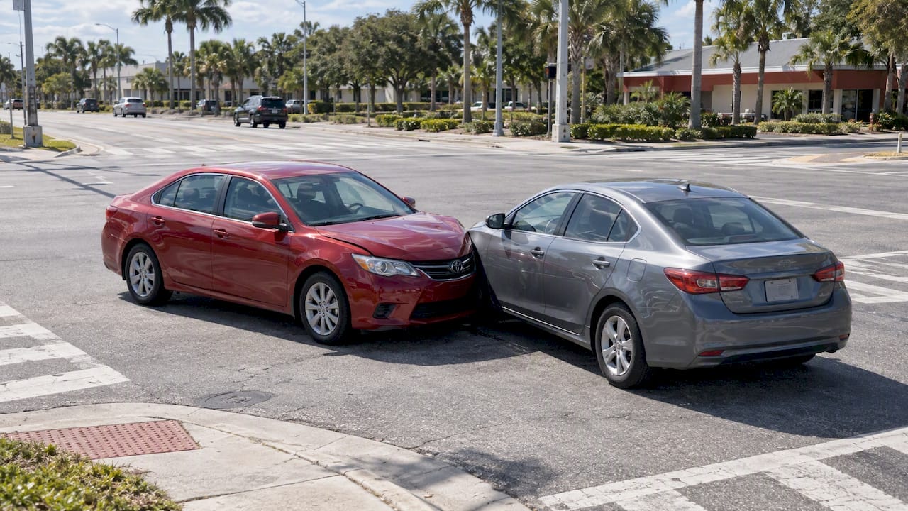 Two cars after a Florida intersection collision