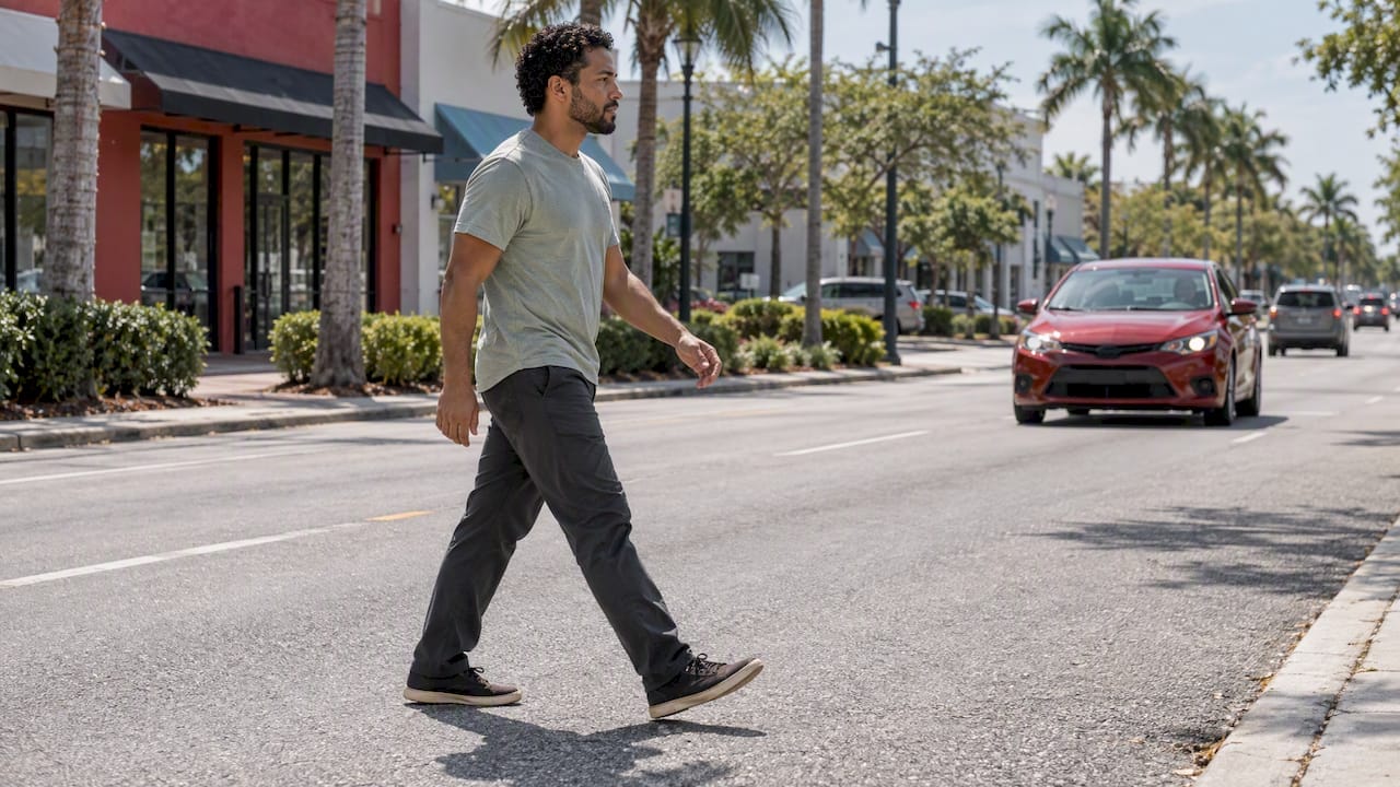Pedestrian crossing as a car slows nearby